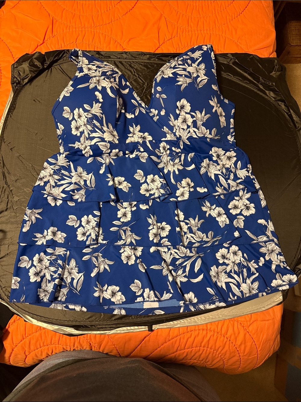 Cacique Royal Blue Floral Ruffle Swim Tanki with bottoms ruched on the sides
